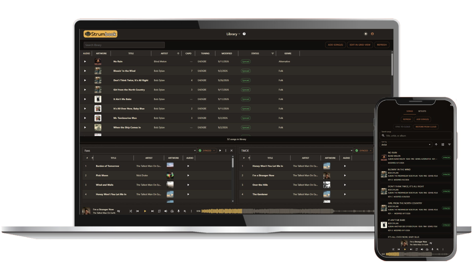 Hero image: Strumbook's Library view open on a laptop, next to a phone showing View Mode with a song playing, side by side.