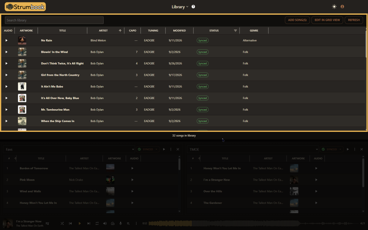 Screenshot of the desktop Library screen: a searchable, sortable song list with artist/album columns next to a setlist sidebar.