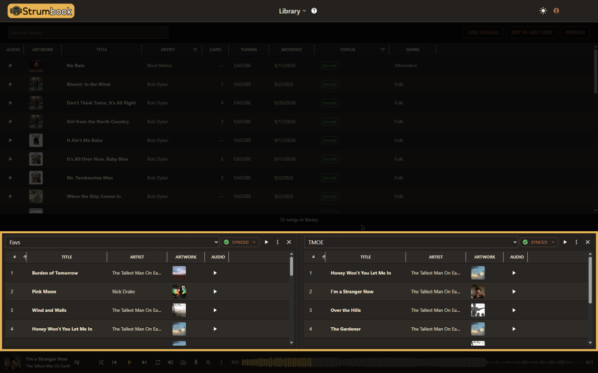 Screenshot of a setlist being reordered by drag-and-drop, showing song titles queued up for a gig.