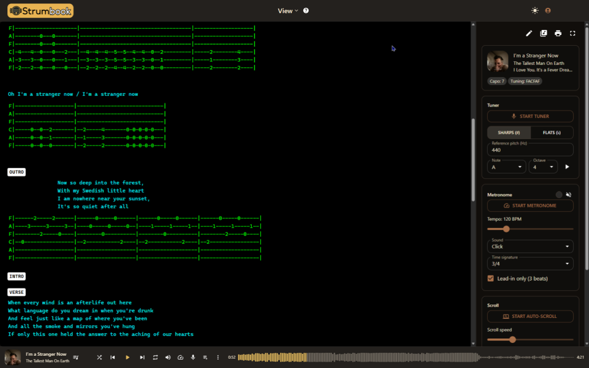 Screenshot of View Mode: a large, readable tab and lyric view with playback controls and a mini audio player.