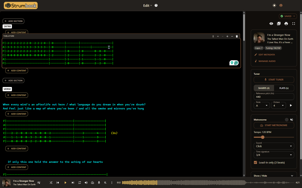 Screenshot of the tab editor's split view, showing raw tab markup on one side and its live rendered preview on the other.
