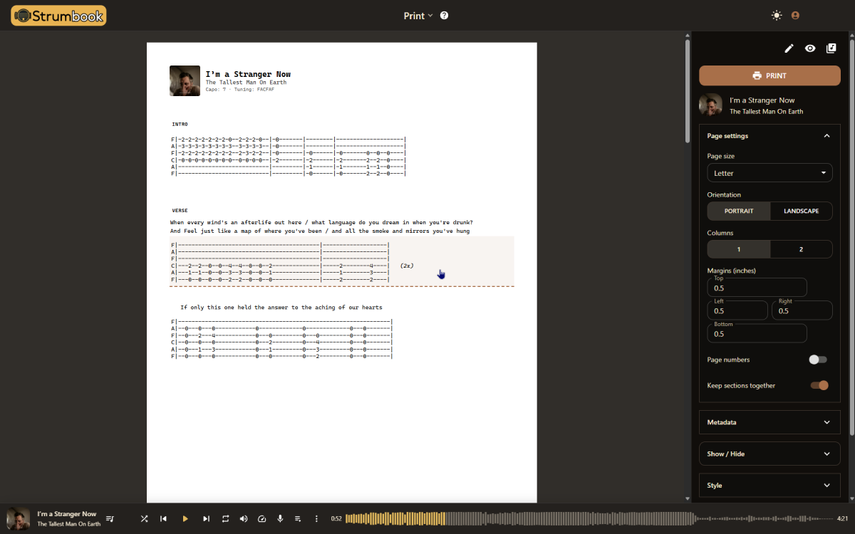 Screenshot of the print preview screen showing a paginated, print-ready tab sheet.
