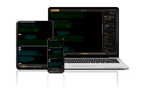 Illustration of Strumbook running on a phone, tablet, and laptop at once, all showing the same synced library.